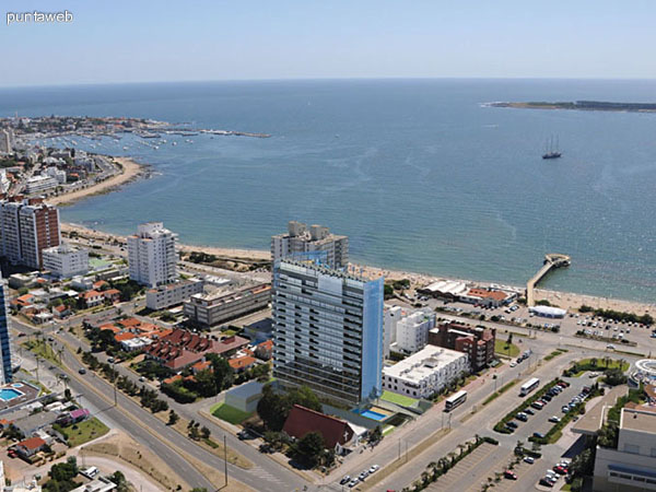 Render a�reo del edificio mostrando su orientaci�n, el predio donde se construye y su ubicaci�n en la zona.