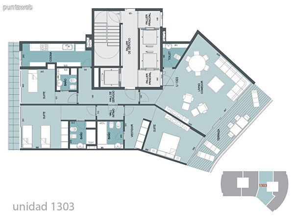 Plano de unidad 1303.<br>Tres dormitorios en suite de excelentes dimensiones con ba�os completos.<br>Vestidor y acceso a terraza desde suite principal.<br>Cocina con terraza lavadero.<br>Living comedor integrados.<br>Toilette.