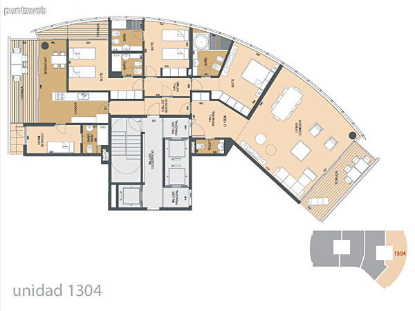 Plano de unidad 1304.<br>Tres dormitorios en suite con ba�os completos e hidromasaje en suite principal.<br>Cocina en forma de L con comedor, terraza, dormitorio de servicio y lavadero.<br>Living comedor de excelentes dimensiones con acceso a terraza.<br>Toilette.