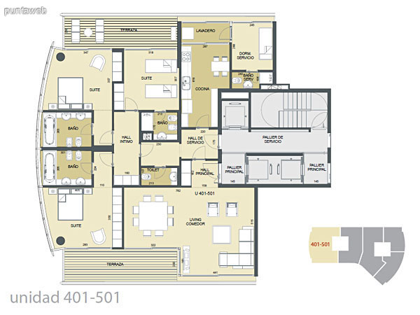 Plano de unidad 401&ndash;501.<br>Cuenta con 3 dormitorios en suite con ba�os completos, en dos de ellos equipados con hidromasaje.<br>Acceso a terrazas desde las suites.<br>Living comedor de excelentes proporciones tambi�n con acceso a terraza.<br>Cocina amplia con comedor, terraza lavadero y dormitorio de servicio con acceso desde terraza.<br>Toilette.<br>Palier privado.<br>