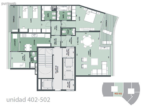 Plano de unidad 402&ndash;502.<br>Dos dormitorios en suite con ba�os completos e hidromasaje, este ultimo en ba�o de suite principal.<br>Acceso a terrazas desde las suites.<br>Cocina amplia con comedor, terraza lavadero y dormitorio de servicio con acceso desde la misma.<br>Living comedor integrados con acceso a terraza.<br>Toilette.<br>