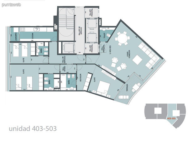 Plano de unidad 403&ndash;503.<br>Tres dormitorios en suite de excelentes dimensiones con ba�os completos.<br>Vestidor y acceso a terraza desde suite principal.<br>Cocina con terraza lavadero.<br>Living comedor integrados con acceso a terraza.<br>Toilette.<br>