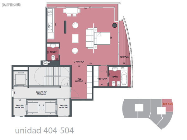 Plano de unidad 404&ndash;504.<br>Loft, un dormitorio con vestidor, acceso a terraza, ba�o completo e hidromasaje.<br>Cocina con comedor y living integrado.<br>Toilette.