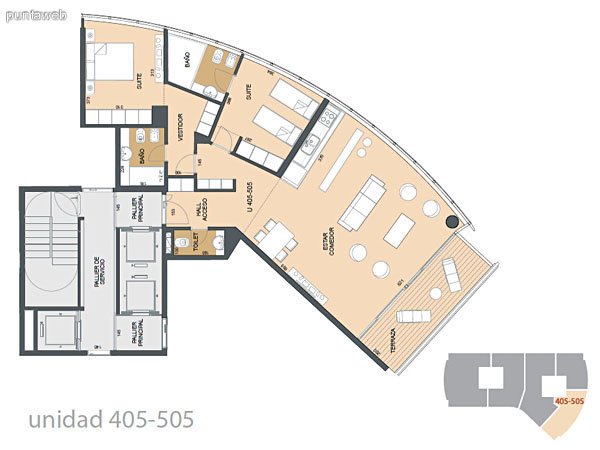 Plano de unidad 405&ndash;505.<br>Dos dormitorios en suite con ba�os completos y vestidor en dormitorio principal.<br>Cocina pr�ximo a comedor.<br>Estar y Living integrado con acceso a terraza.<br>Toilette.