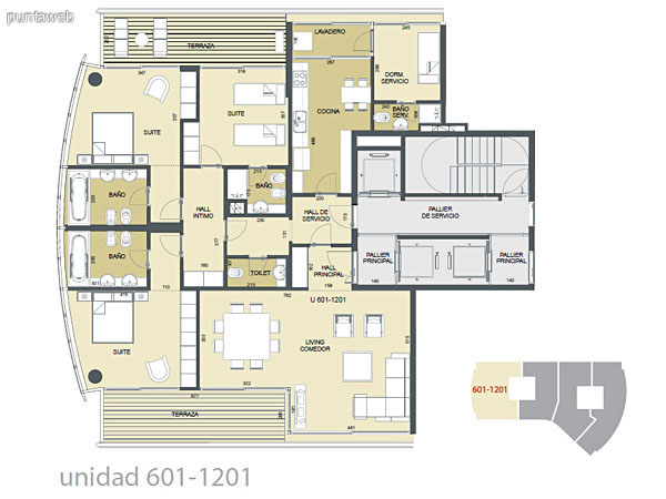 Plano de unidad 601&ndash;1201.<br>Cuenta con 3 dormitorios en suite con ba�os completos, dos de ellos equipados con hidromasaje.<br>Acceso a terrazas desde las suites.<br>Living comedor de excelentes proporciones tambi�n con acceso a terraza.<br>Cocina amplia con comedor, terraza lavadero y dormitorio de servicio con acceso desde terraza.<br>Toilette.<br>Palier privado.