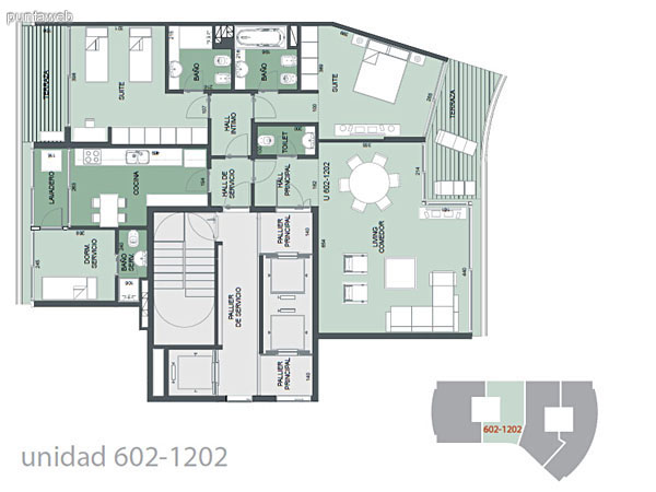 Plano de unidad 602&ndash;1202.<br>Dos dormitorios en suite con ba�os completos e hidromasaje, este ultimo en ba�o de suite principal.<br>Acceso a terrazas desde las suites.<br>Cocina amplia con comedor, terraza lavadero y dormitorio de servicio con acceso desde la misma.<br>Living comedor integrados con acceso a terraza.<br>Toilette.<br>