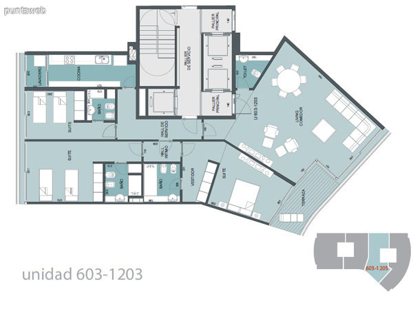 Plano de unidad 603&ndash;1203.<br>Tres dormitorios en suite de excelentes dimensiones con ba�os completos.<br>Vestidor y acceso a terraza desde suite principal.<br>Cocina con terraza lavadero.<br>Living comedor integrados con acceso a terraza.<br>Toilette.