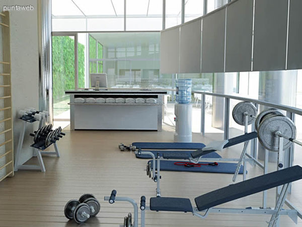 Render de zona de gimnasio y accesos a exteriores.