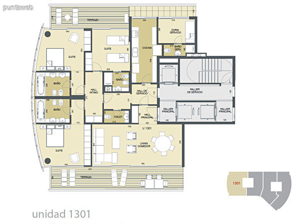 Plano de unidad 1301.<br>Cuenta con 3 dormitorios en suite con ba�os completos, dos de ellos equipados con hidromasaje.<br>Acceso a terrazas desde las suites.<br>Living comedor de excelentes proporciones tambi�n con acceso a terraza.<br>Cocina amplia con terraza lavadero y dormitorio de servicio con acceso desde terraza.<br>Toilette.<br>Palier privado.