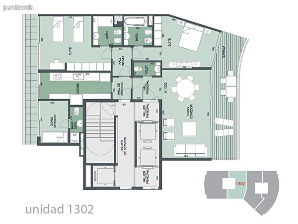 lano de unidad 1302.<br>Dos dormitorios en suite con ba�os completos e hidromasaje, este ultimo en ba�o de suite principal.<br>Cocina amplia con terraza lavadero y dormitorio de servicio con acceso desde la misma.<br>living comedor integrados con acceso a terraza.<br>Toilette.<br>