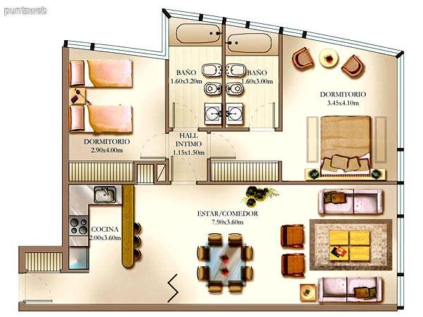 Plano de unidad 2 dormitorios.<br>Principal en suite, ba�o completo con ba�era.<br>Segundo dormitorio semi suite con ba�o completo, ducha y ventilaci�n por ducto.<br>Cocina estilo americano con barra desayunador, mesada en L integrada al comedor.<br>Living comedor integrados.