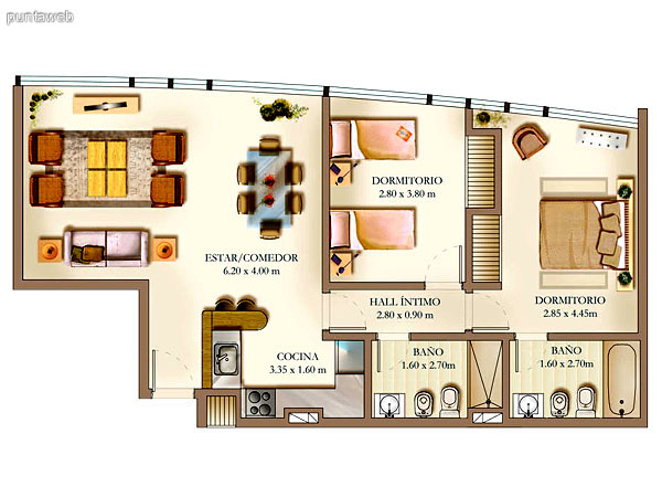Plano de unidad 2 dormitorios.<br>Principal en suite, ba�o completo con ba�era.<br>Segundo dormitorio semi suite con ba�o completo, ba�era y ventilaci�n por ducto.<br>Cocina estilo americano con barra desayunador, mesada en L integrada al comedor.<br>Living comedor integrados.