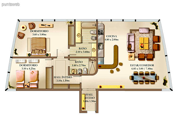 Plano de unidad 2 dormitorios.<br>Principal en suite, ba�o completo con ba�era.<br>Segundo dormitorio semi suite con ba�o completo, ducha y ventilaci�n por ducto.<br>Cocina estilo americano con barra desayunador, mesada en L integrada al comedor.<br>Living comedor integrados.