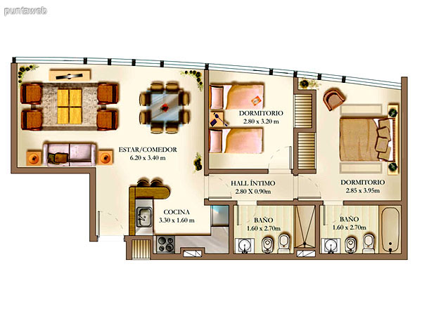 Plano de unidad 2 dormitorios.<br>Principal en suite, ba�o completo con ba�era.<br>Segundo dormitorio semi suite con ba�o completo, ducha y ventilaci�n por ducto.<br>Cocina estilo americano con barra desayunador, mesada en linea integrada al comedor.<br>Living comedor integrados.
