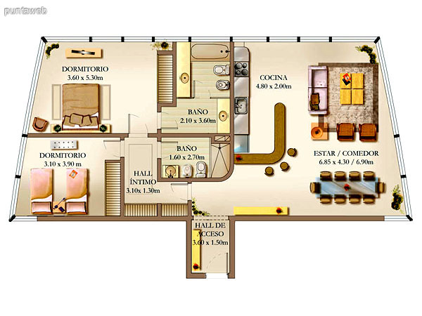Plano de unidad 2 dormitorios.<br>Principal en suite, ba�o completo con ba�era.<br>Segundo dormitorio semi suite con ba�o completo, ducha y ventilaci�n por ducto.<br>Cocina estilo americano con barra desayunador, mesada en L integrada al comedor.<br>Living comedor integrados.