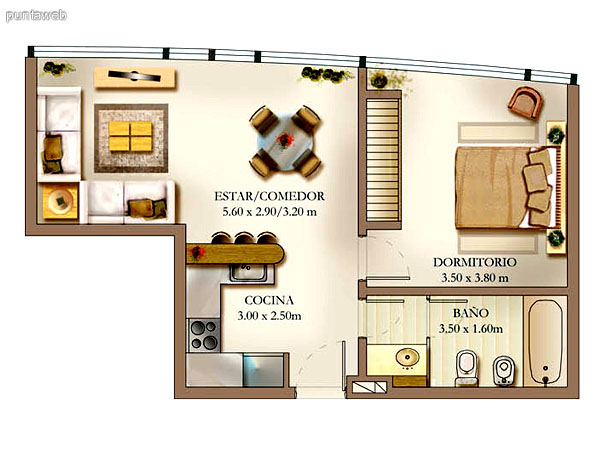 Plano de unidad 2 dormitorios.<br>Principal en suite, ba�o completo con ba�era.<br>Segundo dormitorio semi suite con ba�o completo, ducha.<br>Cocina estilo americano con barra desayunador, mesada en linea integrada al comedor.<br>Living comedor integrados.