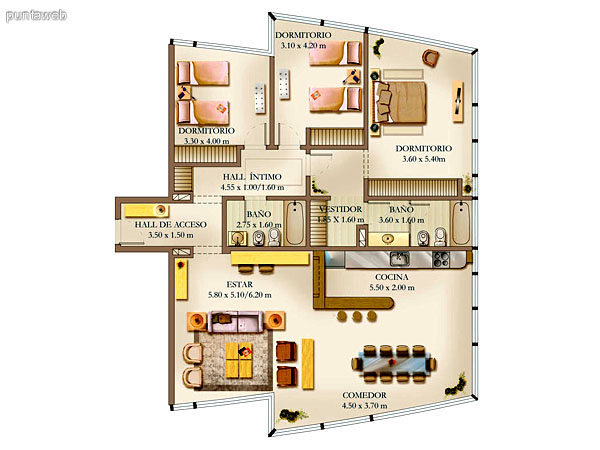 Plano de unidad 1 dormitorio.<br>Ba�o completo con ba�era y ventilaci�n por ducto.<br>Cocina con mesada en U y barra desayunador.<br>Living comedor integrados.