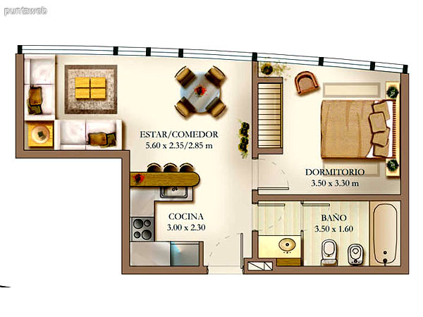 Plano de unidad 3 dormitorios.<br>Principal en suite con vestidor, ba�o completo con ba�era.<br>Segundo y tercer dormitorio comparten segundo ba�o completo, ventilaci�n por ducto y ba�era.<br>Cocina con mesada en linea y barra desayunador.<br>Living comedro de excelentes dimensiones y zona de estar.