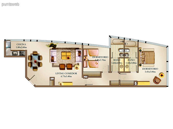 Plano de unidad 3 dormitorios.<br>Principal en suite con vestidor, ba�o completo con ba�era.<br>Segundo y tercer dormitorio comparten segundo ba�o completo, ventilaci�n por ducto y ba�era.<br>Cocina con mesada en linea y barra desayunador.<br>Living comedro de excelentes dimensiones y zona de estar.