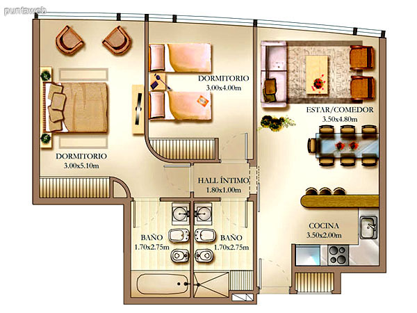 Dormitorio en suite con vistas exteriores de Pen�nsula, playa Brava y bah�a de Punta del Este.