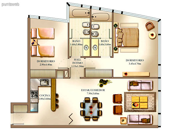 Plano de unidad 2 dormitorios.<br>Principal en suite, ba�o completo con ba�era.<br>Segundo dormitorio semi suite con ba�o completo, ducha y ventilaci�n por ducto.<br>Cocina estilo americano con barra desayunador, mesada en L integrada al comedor.<br>Living comedor integrados.