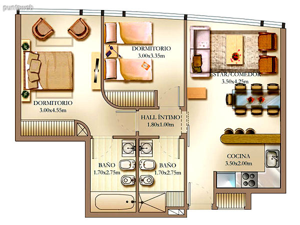 Plano de unidad 2 dormitorios.<br>Principal en suite, ba�o completo con ba�era.<br>Segundo dormitorio semi suite con ba�o completo, ba�era y ventilaci�n por ducto.<br>Cocina estilo americano con barra desayunador, mesada en L integrada al comedor.<br>Living comedor integrados.