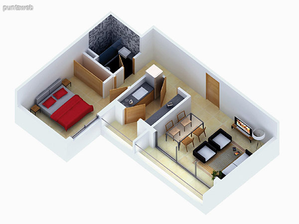 Planta unidad E. Niveles 1–12. Tipolog�a: departamentos de 1 dormitorio y 1 ba�o. Superficie: 57.32 m� (incluye, muros, ductos y terrazas).
