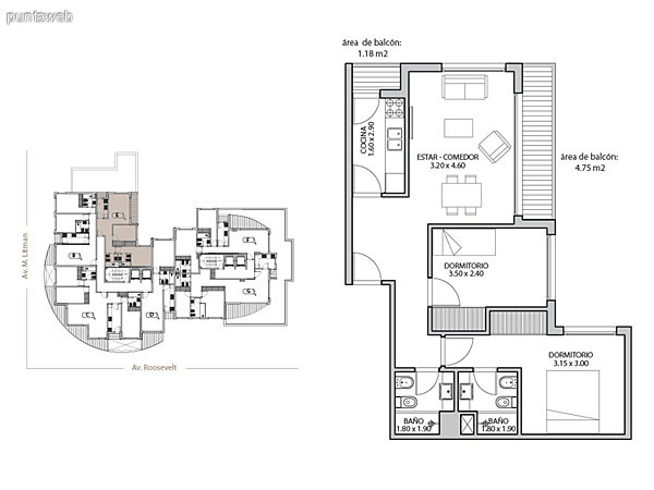 Planta unidad E. Niveles 1–12. Tipolog�a: departamentos de 1 dormitorio y 1 ba�o. Superficie: 57.32 m� (incluye, muros, ductos y terrazas).