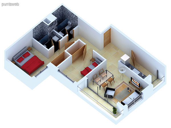 Planta unidad E. Niveles 14–20. Tipolog�a: departamentos de 2 dormitorios y 2 ba�os. Superficie: 72.95 m� (incluye, muros, ductos y terrazas).