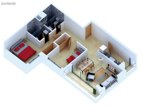 Planta unidad E. Niveles 14–20. Tipologa: departamentos de 2 dormitorios y 2 baos. Superficie: 72.95 m (incluye, muros, ductos y terrazas).