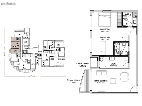 Planta unidad E. Niveles 14–20. Tipologa: departamentos de 2 dormitorios y 2 baos. Superficie: 72.95 m (incluye, muros, ductos y terrazas).