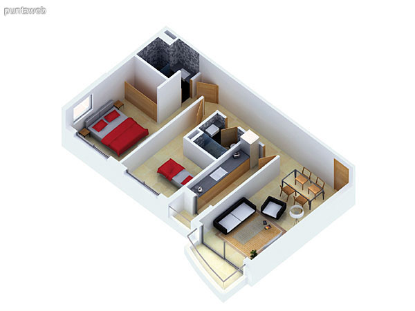 Planta unidad B. Niveles 2–12 y 14–20. Tipologa: departamentos de 2 dormitorios y 2 baos. Superficie: 74.97 m (incluye, muros, ductos y terrazas).