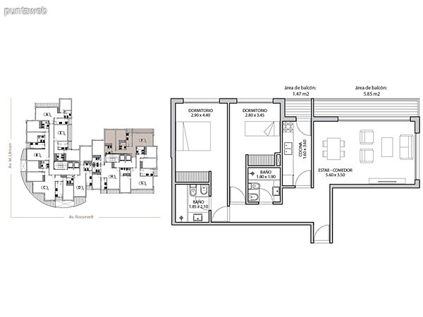 Planta unidad B. Niveles 2–12 y 14–20. Tipolog�a: departamentos de 2 dormitorios y 2 ba�os. Superficie: 74.97 m� (incluye, muros, ductos y terrazas).