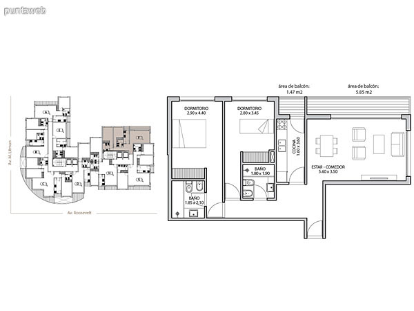 Planta unidad B. Niveles 2–12 y 14–20. Tipologa: departamentos de 2 dormitorios y 2 baos. Superficie: 74.97 m (incluye, muros, ductos y terrazas).