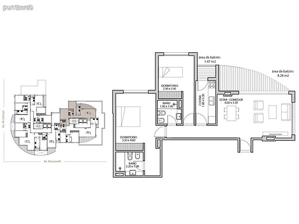 Planta unidad F. Niveles 14–20. Tipologa: departamentos de 2 dormitorios y 2 baos. Superficie: 85.92 m (incluye, muros, ductos y terrazas).