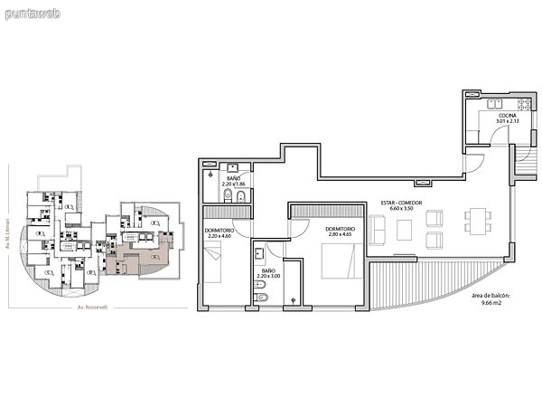 Planta unidad F. Niveles 17–20. Tipolog�a: departamentos de 2 dormitorios y 2 ba�os. Superficie: 90.29 m� (incluye, muros, ductos y terrazas).