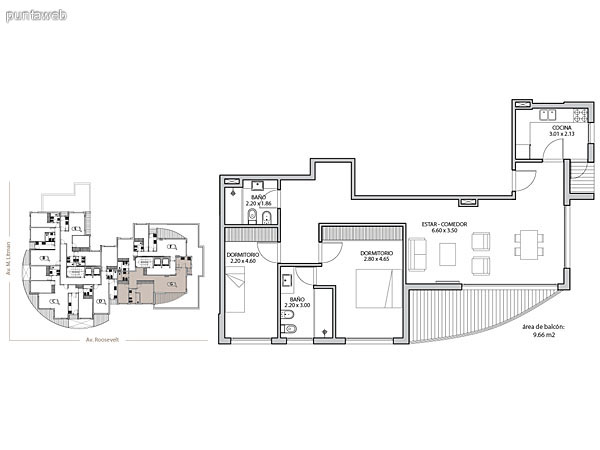 Planta unidad F. Niveles 17–20. Tipologa: departamentos de 2 dormitorios y 2 baos. Superficie: 90.29 m (incluye, muros, ductos y terrazas).