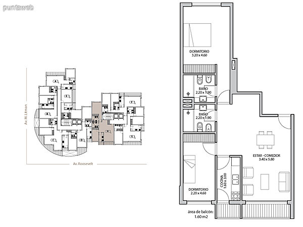 Planta unidad G. Niveles 17–20. Tipologa: departamentos de 2 dormitorios y 2 baos. Superficie: 102.72 m (incluye, muros, ductos y terrazas).