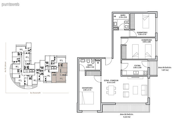 Planta unidad H. Niveles 1–14. Tipologa: departamentos de 2 dormitorios y 2 baos. Superficie: 82.17 m (incluye, muros, ductos y terrazas).