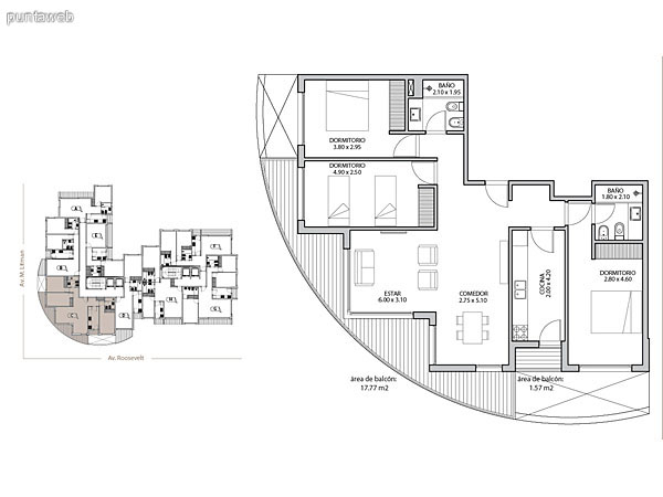 Planta unidad G. Niveles 1–14. Tipologa: departamentos de 3 dormitorios y 2 baos. Superficie: 104.49 m (incluye, muros, ductos y terrazas).