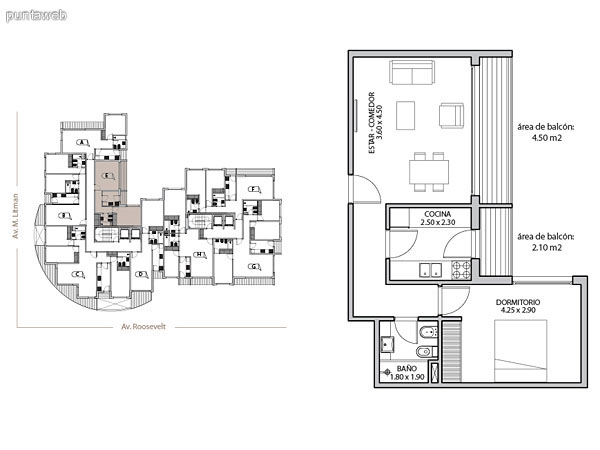 Planta unidad D. Niveles 0–20. Tipologa: departamentos de 1 dormitorio y 1 bao. Superficie: 63.69 m (incluye, muros, ductos y terrazas).