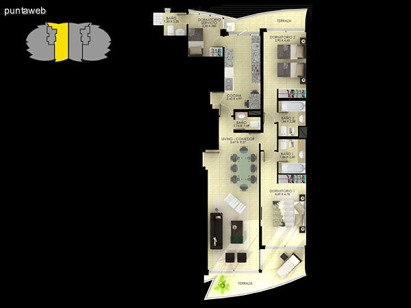 Planta de tipologa 01. 3 dormitorios en suite, living comedor, terrazas, dormitorio de servicio, bao social y cocina.