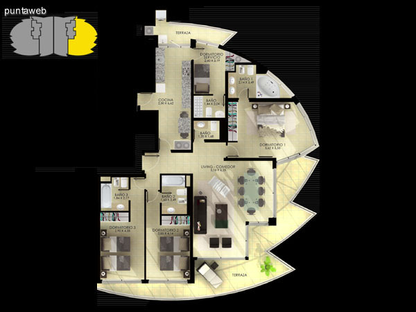 Planta de tipologa 02. 2 dormitorios en suite, living comedor, terrazas, dormitorio de servicio, bao social y cocina.