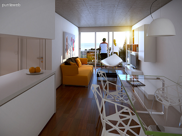 Renderizado de espacio interior con cocina integrada de una de las tipolog�as de dos dormitorios.