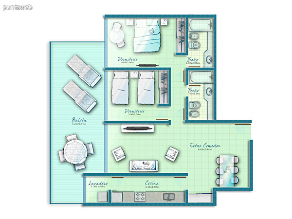 Plano de unidad 2 dormitorios con acceso a terrazas desde las suites y desde el living.<br><br>Cocina exterior.