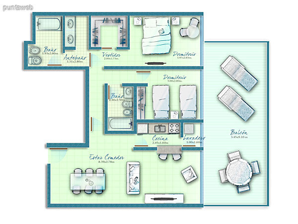 Plano de unidad 2 dormitorios con accesos a terraza principal desde las suites y living.<br><br>Cocina exterior con acceso a terraza de servicio.