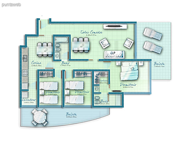 Plano de unidad 2 dormitorios con acceso a terraza desde las suites y living.<br><br>Suite principal cuenta con vestidor.<br><br>Cocina exterior con barra desayunador y acceso a terraza de servicio.
