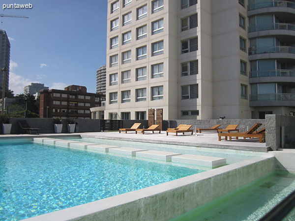 Pileta al aire libre y sector de solarium y estar junto a la barbacoa.