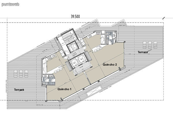 Azotea del edificio con dos quinchos y terrazas exteriores.