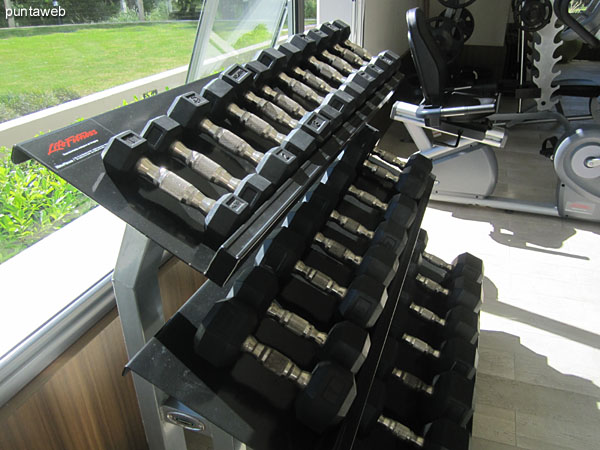 Gym. Equipped with latest technology equipment, tapes, stationary bike and weight lifting systems.